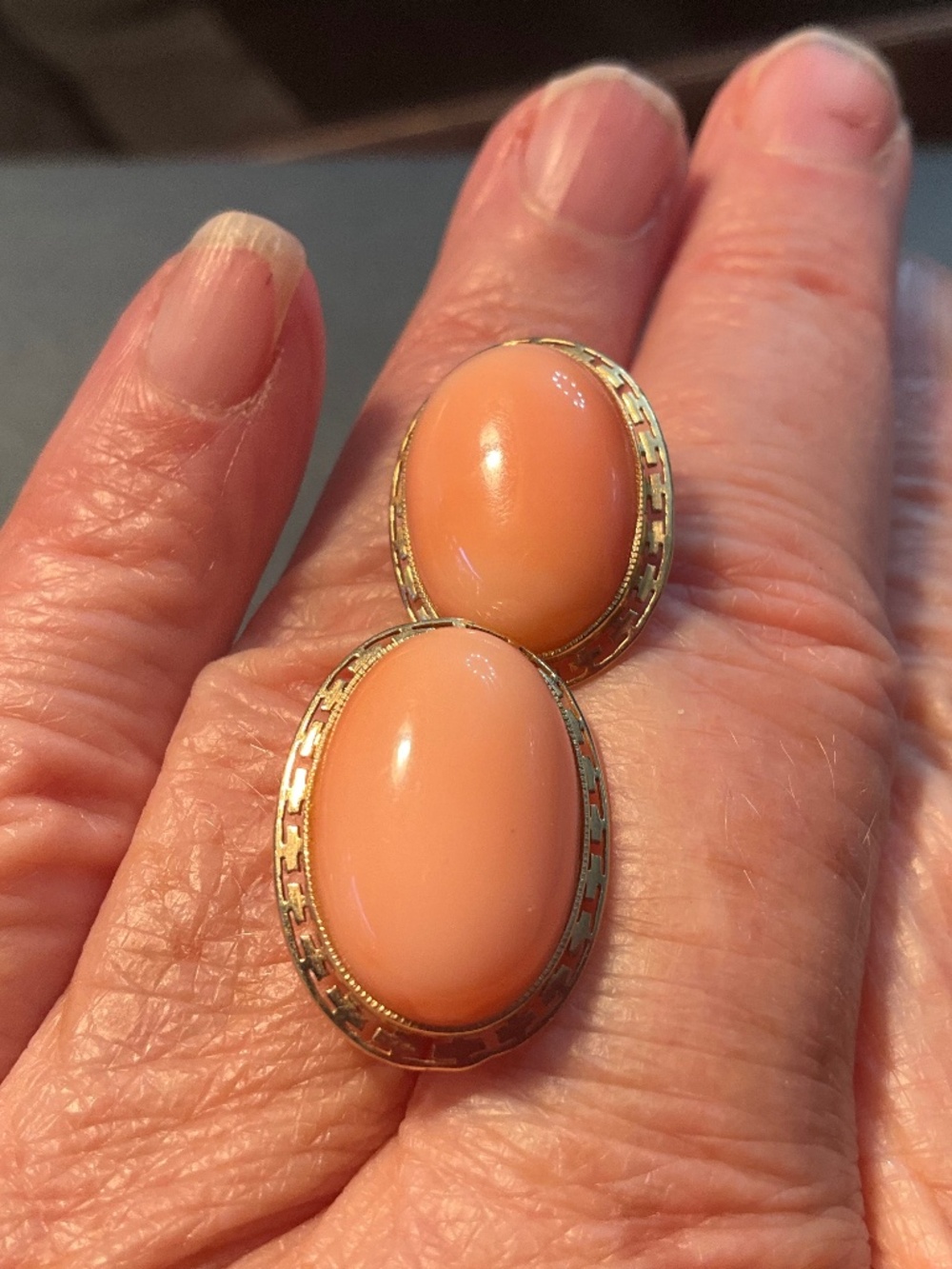 Coral Cabochon Oval Stud Earrings 14 k Gold Trimmed